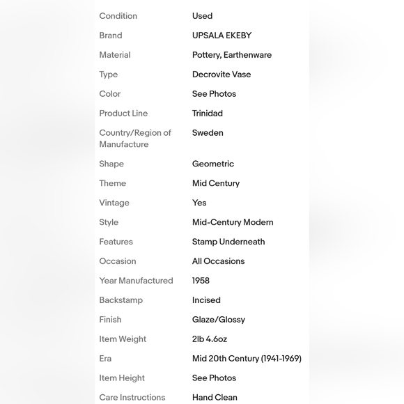 Mari Simmulson 1958 Trinidad from Upsala–Ekeby Sweden Vase 4364 - RARE Vintage - Picture 11 of 11